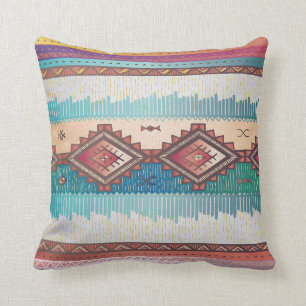 Patterend Navajo Blues, Teal, Spice Throw Pillow