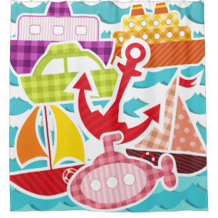 Patterened Boats, Submarine, Sailboats, Tugboats Shower Curtain