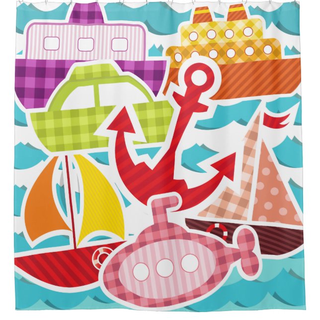 Patterened Boats, Submarine, Sailboats, Tugboats Shower Curtain (Front)