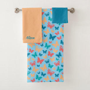 Pattern butterfly simple beige pink turquoise blue bath towel set
