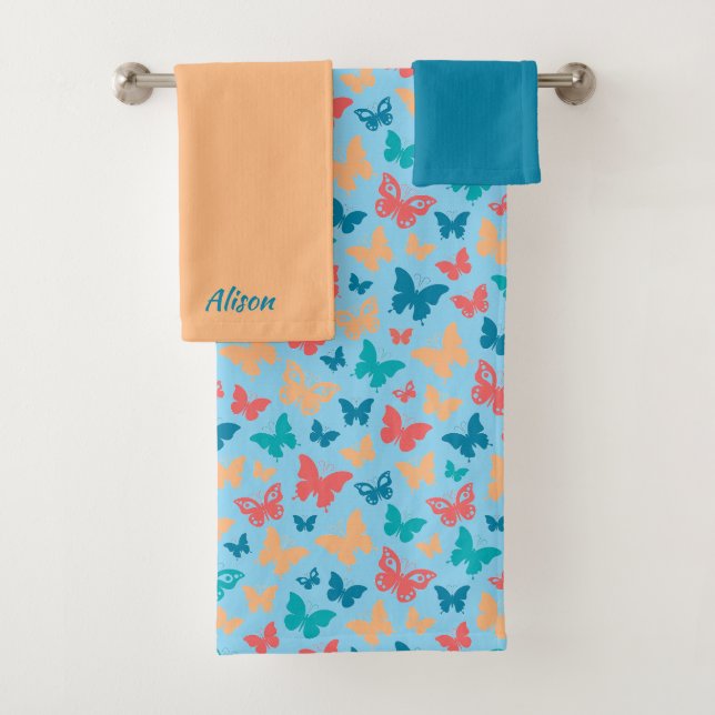 Pattern butterfly simple beige pink turquoise blue bath towel set (Insitu)