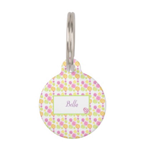 Pattern Chic Rose Simple Pink Floral Green Pet ID Tag