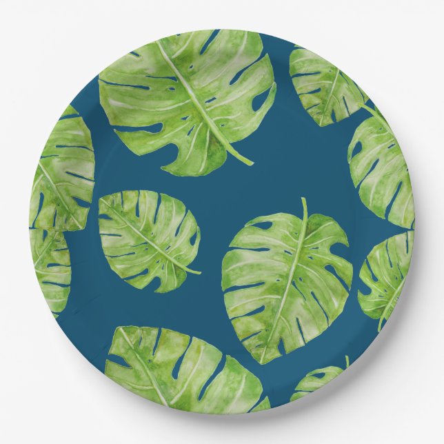 Pattern Cute Chic Banana Leaf Green Blue Paper Plates (Front)