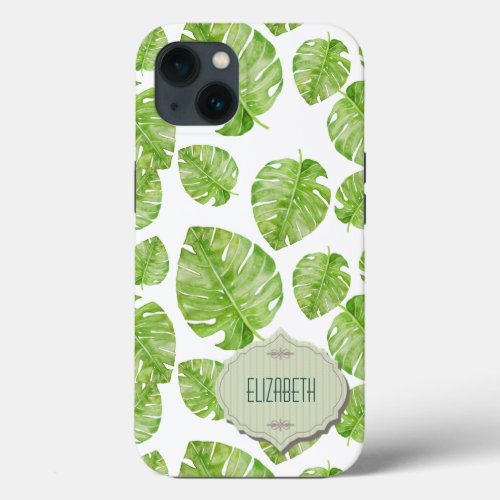 Pattern Cute Chic Banana Leaf Green White Name iPhone 13 Case