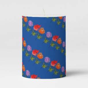 Pattern Cute Chic Colorful Crazy Flowers Blue Pillar Candle