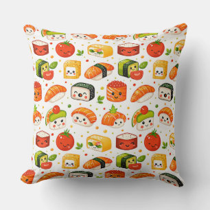 Pattern cute kawaii food sushi characters, white b throw pillow