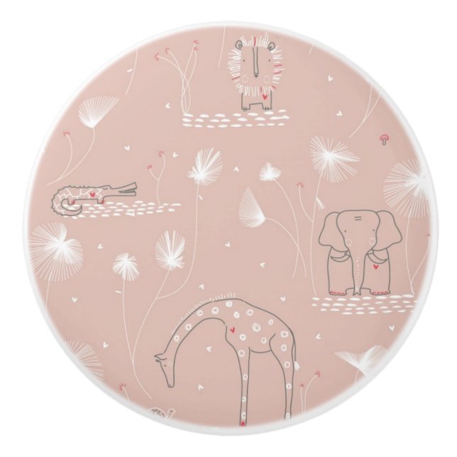 pattern displaying cute baby jungle animals ceramic knob (Front)