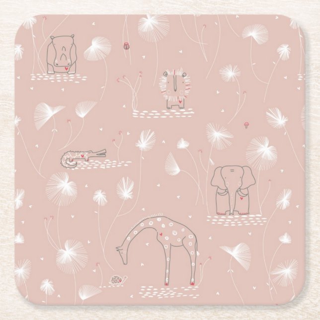 pattern displaying cute baby jungle animals square paper coaster (Front)