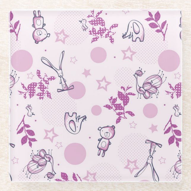 pattern displaying vintage baby animals glass coaster (Front)
