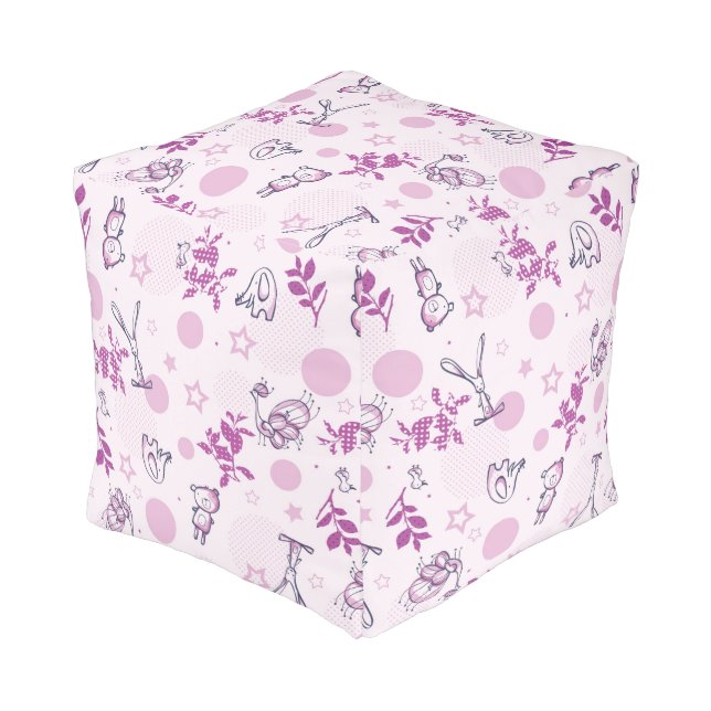 pattern displaying vintage baby animals pouf (Angled Front)