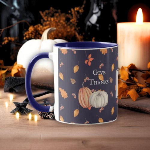 Pattern Fall Monogram Give Thanks Coffe Mug