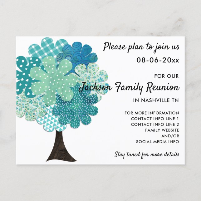 Pattern Family Reunion Tree 2-Sided Save the Date Announcement Postcard (Front)