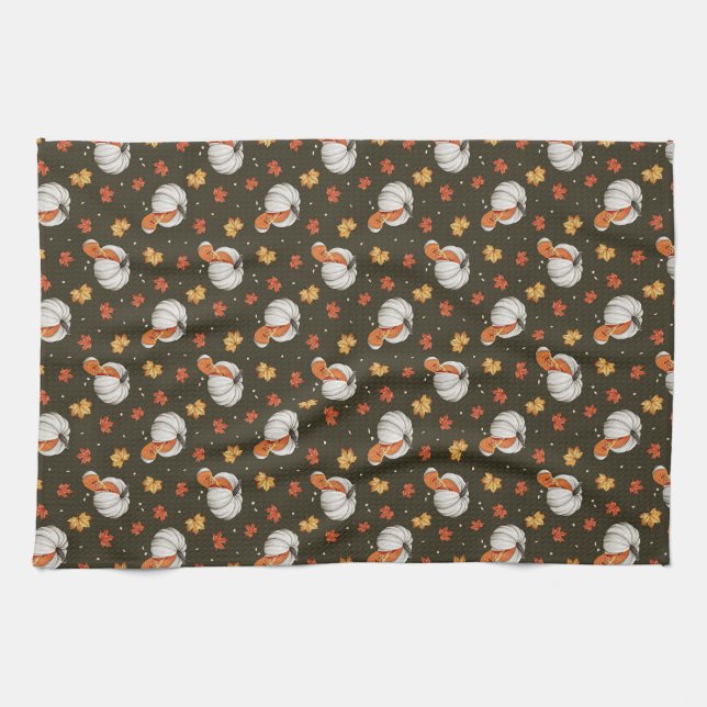 pattern featuring white pumpkins kitchen towel (Horizontal)