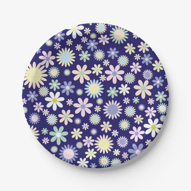 pattern flower blue paper plates (Front)