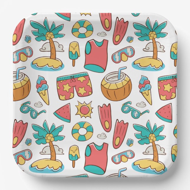 pattern funny summer beach vacation  paper plates (Front)