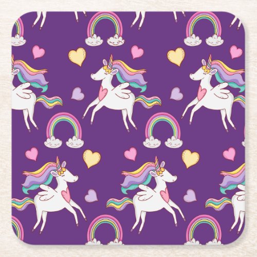 Pattern Funny Unicorn Magic Horse Cute     Square Paper Coaster