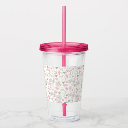 pattern  green and pink hearts and white roses acrylic tumbler