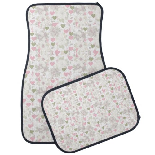 pattern  green and pink hearts and white roses car floor mat