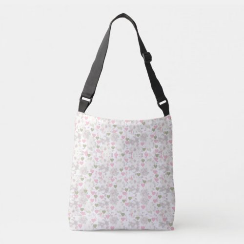 pattern  green and pink hearts and white roses crossbody bag