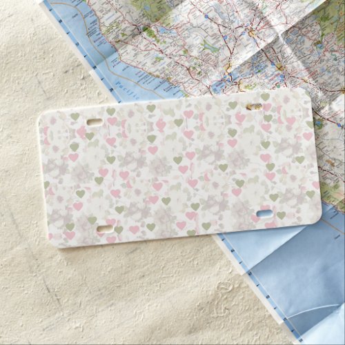 pattern  green and pink hearts and white roses license plate