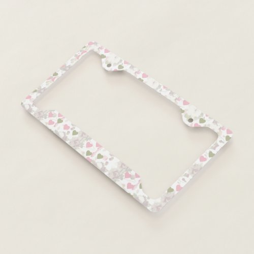 pattern  green and pink hearts and white roses license plate frame