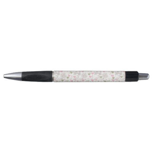 pattern  green and pink hearts and white roses pen