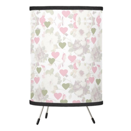 pattern  green and pink hearts and white roses tripod lamp