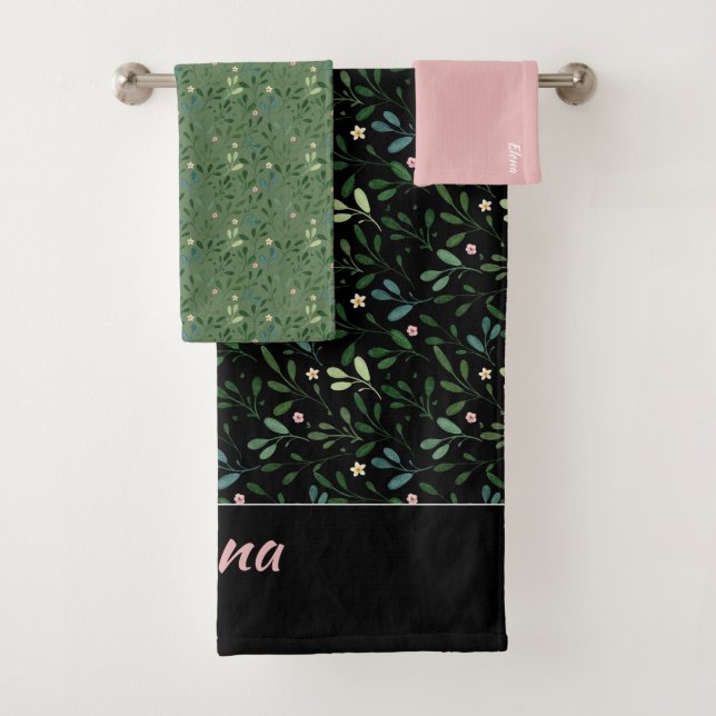 Pattern green leaf name black pink bath towel (Insitu)