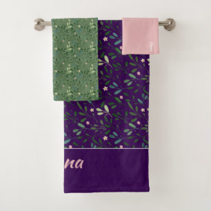 Pattern green leaf name purple pink bath towel