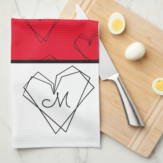 Pattern Heart Line Art Black White  Red  Kitchen Towel (Quarter Fold)