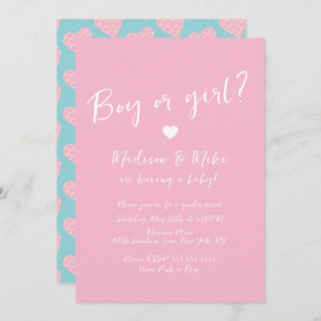  Pattern Heart Valentines Day Gender Reveal Blue Invitation (Front/Back)