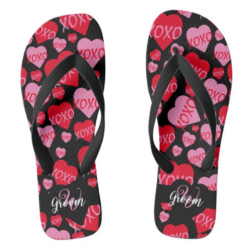 Pattern Hearts XOXO Love Groom Black Monogram Flip Flops