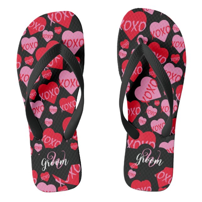 Pattern Hearts XOXO Love Groom Black Monogram Flip Flops (Footbed)