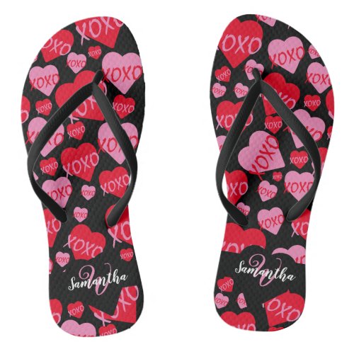 Pattern Hearts XOXO Love Red Pink Black Monogram Flip Flops