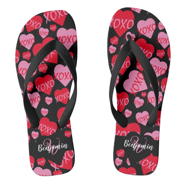 Pattern Hearts XOXO Love Red Pink Black Monogram Flip Flops (Footbed)