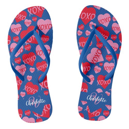 Pattern Hearts XOXO Love Red Pink Blue Monogram  Flip Flops
