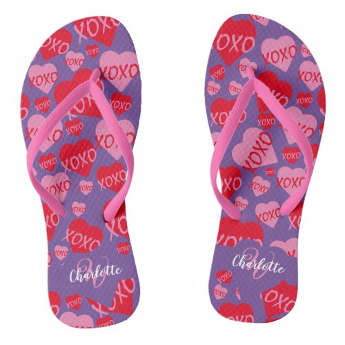 Pattern Hearts XOXO Love Red Pink Purple Monogram Flip Flops