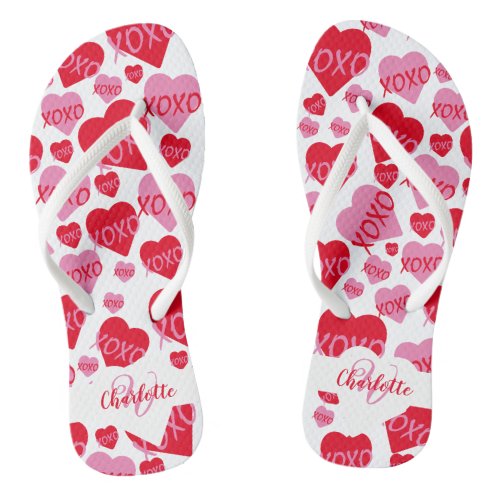 Pattern Hearts XOXO Love Red Pink White Monogram Flip Flops