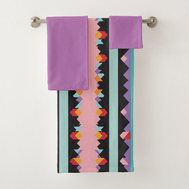 Pattern mix colorful stripes and triangles bath towel set (Insitu)