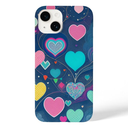 Pattern Multicolor Hearts on Blue Background Case-Mate iPhone 14 Case