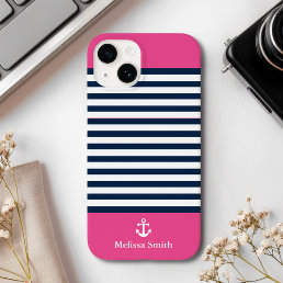 Pattern Navy blue and white bands pink background Case-Mate iPhone 14 Case