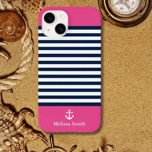 Pattern Navy blue and white bands pink background Case_Mate iPhone 14 Case