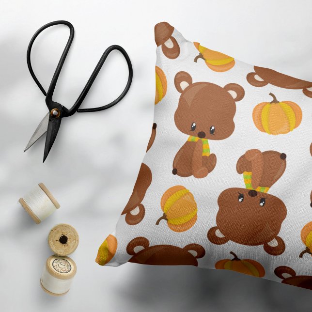Pattern Of Bears, Cute Bears, Fall, Pumpkins Accent Pillow (Creator Uploaded)