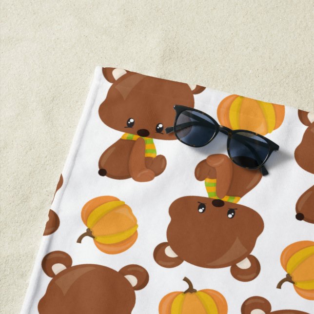 Pattern Of Bears, Cute Bears, Fall, Pumpkins Beach Towel (In Situ)