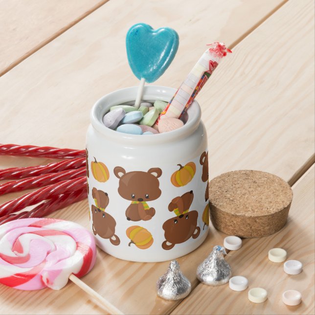 Pattern Of Bears, Cute Bears, Fall, Pumpkins Candy Jar (In Situ)