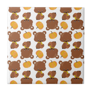 Pattern Of Bears, Cute Bears, Fall, Pumpkins Ceramic Tile