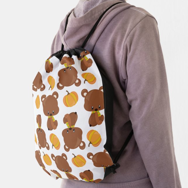 Pattern Of Bears, Cute Bears, Fall, Pumpkins Drawstring Bag (Insitu)