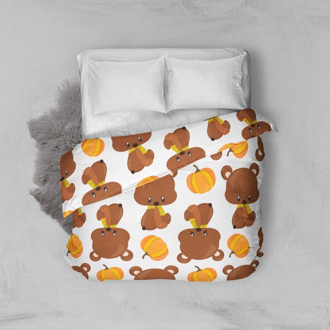 Pattern Of Bears, Cute Bears, Fall, Pumpkins Duvet Cover (Creator Uploaded)