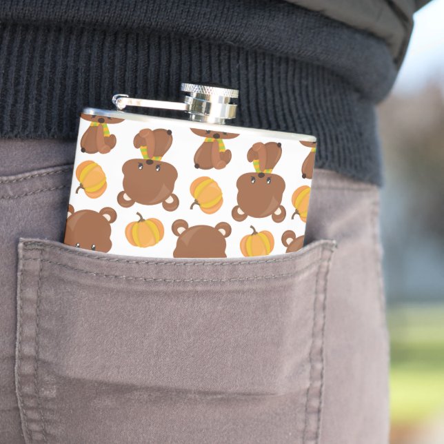 Pattern Of Bears, Cute Bears, Fall, Pumpkins Flask (In Situ)