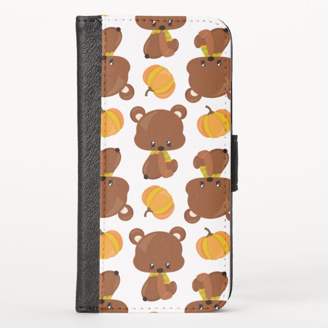 Pattern Of Bears, Cute Bears, Fall, Pumpkins iPhone Wallet Case (Front)